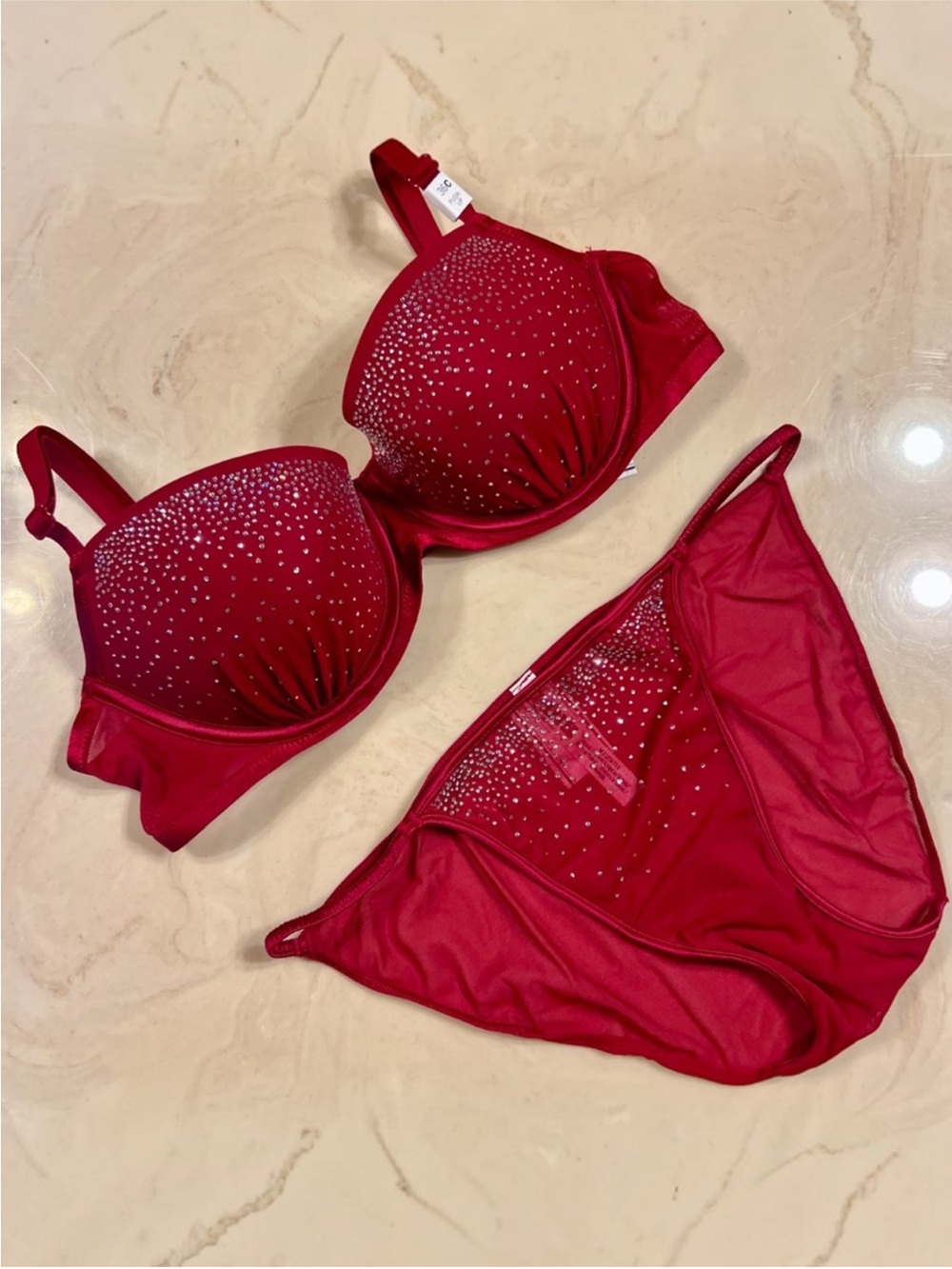 VS PINK Push-Up Balconette Bra & String Bikini Red Lacquer Diamanté Bling 36C